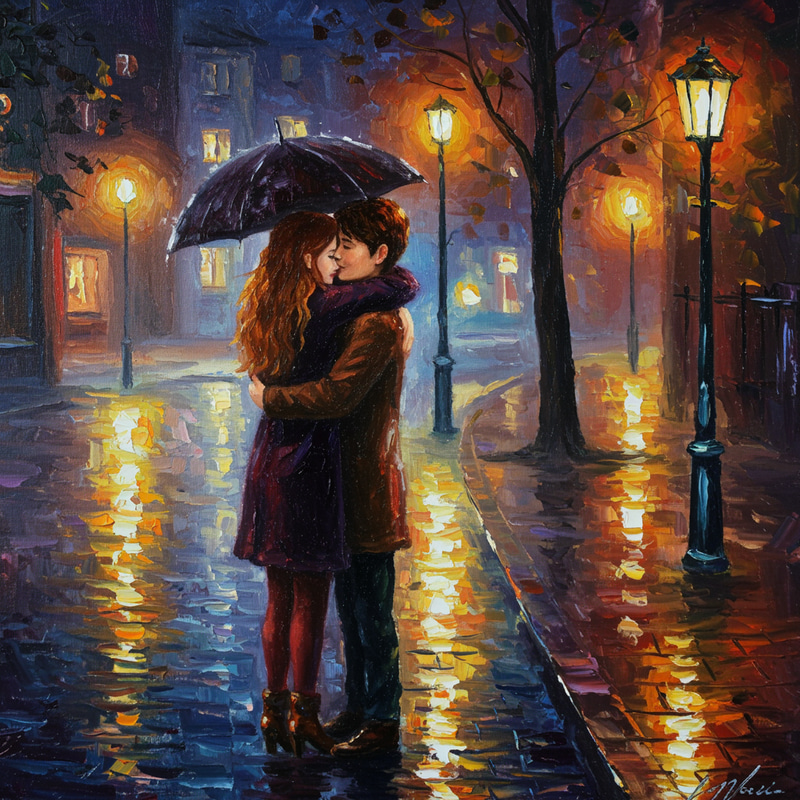 Intimate Hug Oil Painting: Lovers in the Rain Intimate Hug Oil Painting: Lovers in the Rain