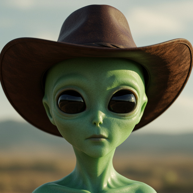 Cute Green Alien with Cowboy Hat