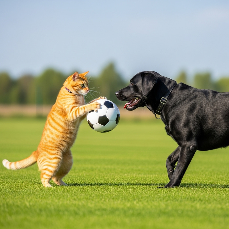 Cat and Dog Playing Soccer - Realistic Pet Art Cat and Dog Playing Soccer - Realistic Pet Art