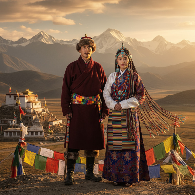 Tibetan Couple in Traditional Attire on the Plateau Tibetan Couple in Traditional Attire on the Plateau