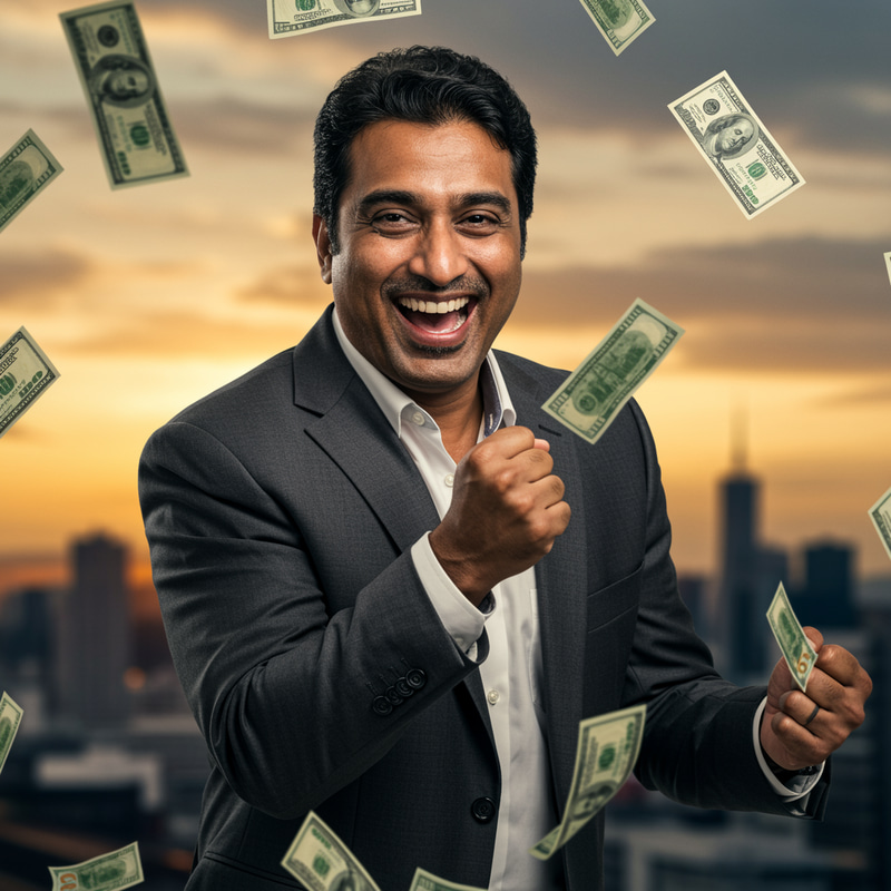 Successful Businessman with Cash Flowing Around