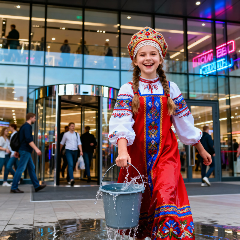 Joyful Slavic Girl in Folk Costume at Modern Mall Joyful Slavic Girl in Folk Costume at Modern Mall
