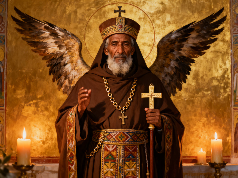Ethiopian Orthodox Monk with Majestic Wings and Cross Ethiopian Orthodox Monk with Majestic Wings and Cross