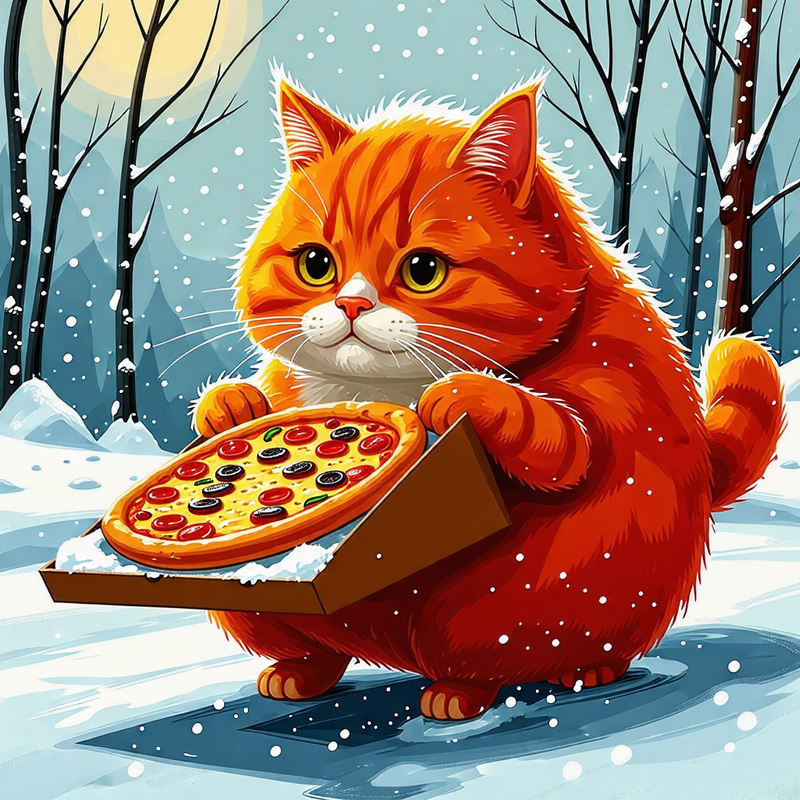 Fat Cat Delivery Pizza on Winter - Cute Orange Cat Fat Cat Delivery Pizza on Winter - Cute Orange Cat