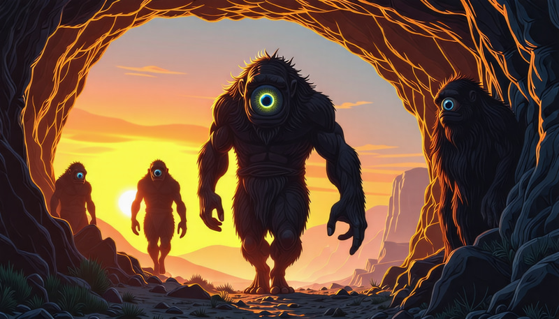 Greek Mythology Cyclops Walking Out of Cave at Sunset Greek Mythology Cyclops Walking Out of Cave at Sunset