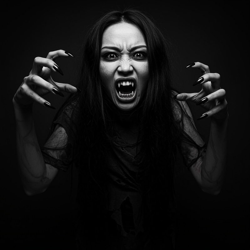 Terrifying Asian Woman with Sharp Teeth & Claws