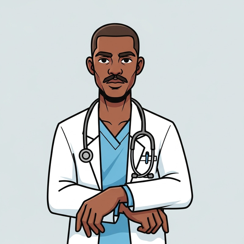 Young Black Male Doctor Cartoon with Mustache