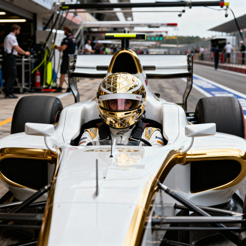 F1 Driver in Gold Helmet and Car F1 Driver in Gold Helmet and Car