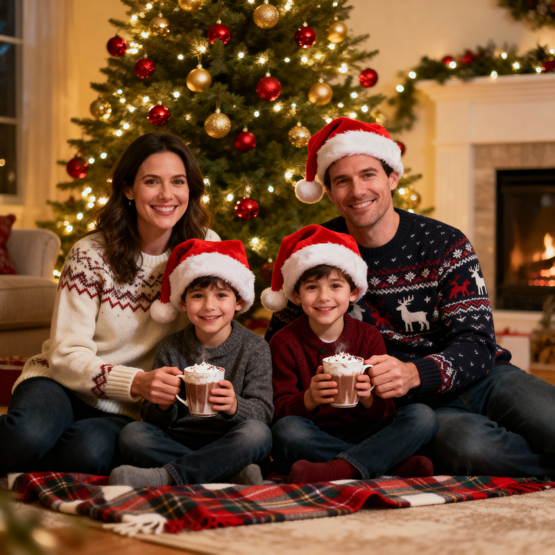 Cozy Family Christmas Photo by Decorated Tree