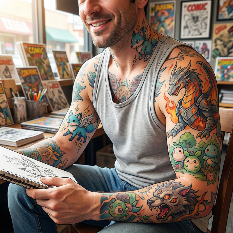 Colorful Anime-Style Beast Tattoos for Men