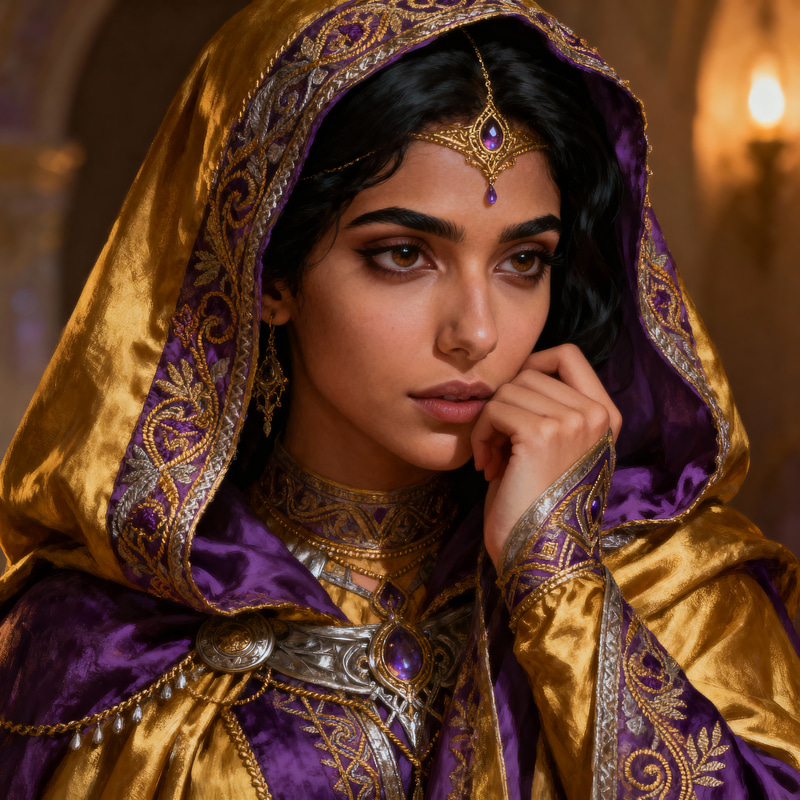 Enchanting Middle-Eastern Female Cleric in Fantasy Attire Enchanting Middle-Eastern Female Cleric in Fantasy Attire