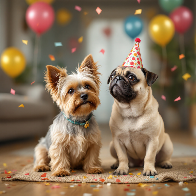 Yorkshire Terrier & Pug Party with Balloons Yorkshire Terrier & Pug Party with Balloons