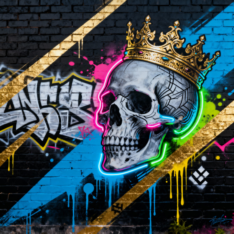 Vibrant Urban Graffiti Mural with Skull and Crown