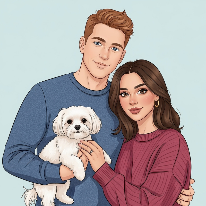 Cute Cartoon Couple with Maltese Dog