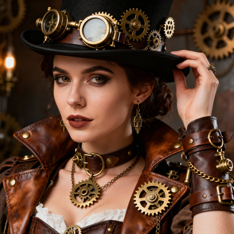 Intricate Steampunk Costume with Gears & Leather