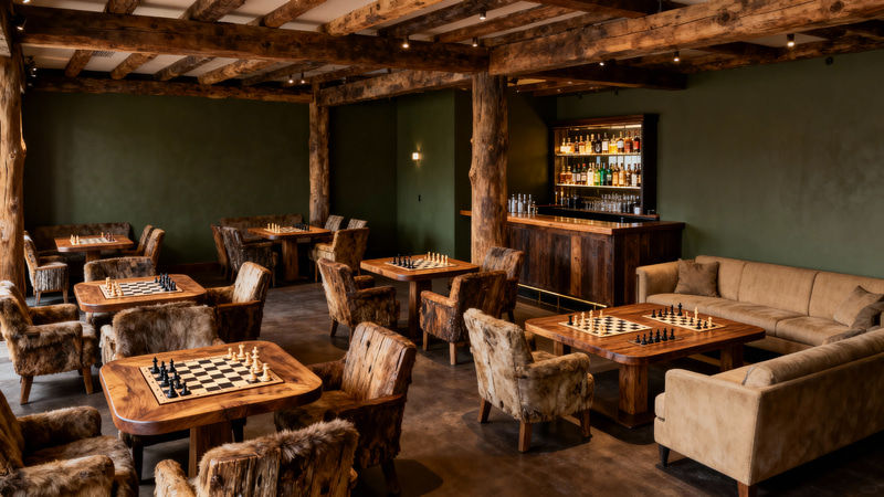 Cozy Chess-Themed Restaurant with Rustic Ambiance