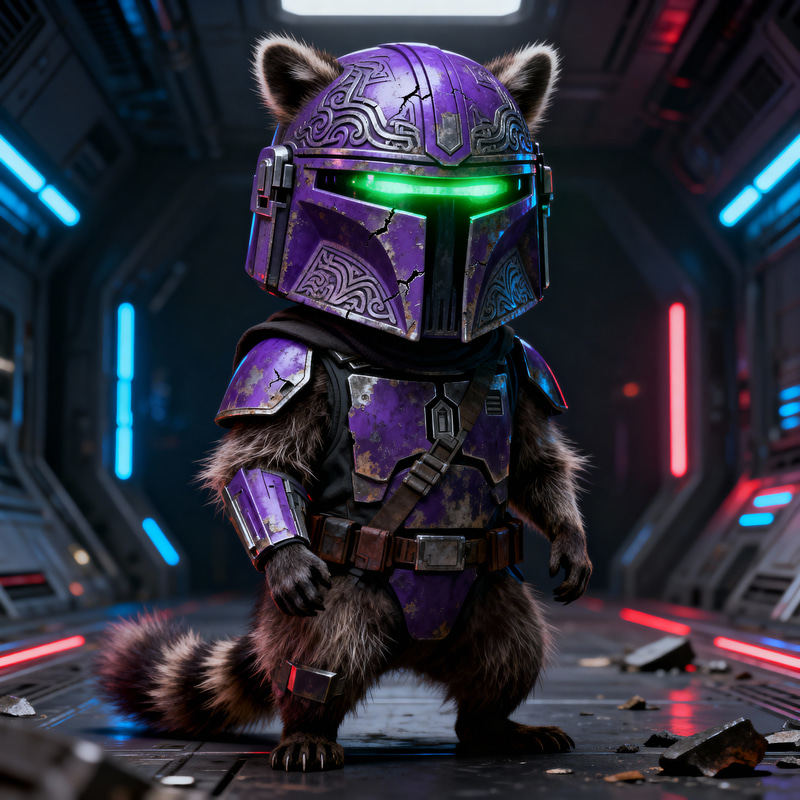 Raccoon in Purple Mandalorian Helmet Raccoon in Purple Mandalorian Helmet