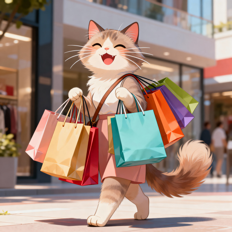 Happy Lady Cat with Shopping Bags Happy Lady Cat with Shopping Bags