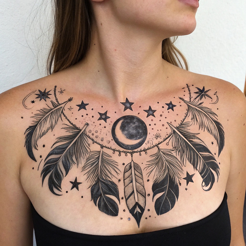 Elegant Women's Chest Tattoo with Feathers & Stars