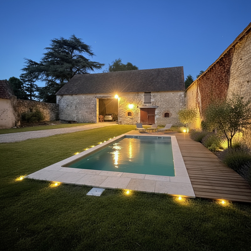 Cozy Home Courtyard with Pool and Barn at Dusk Cozy Home Courtyard with Pool and Barn at Dusk