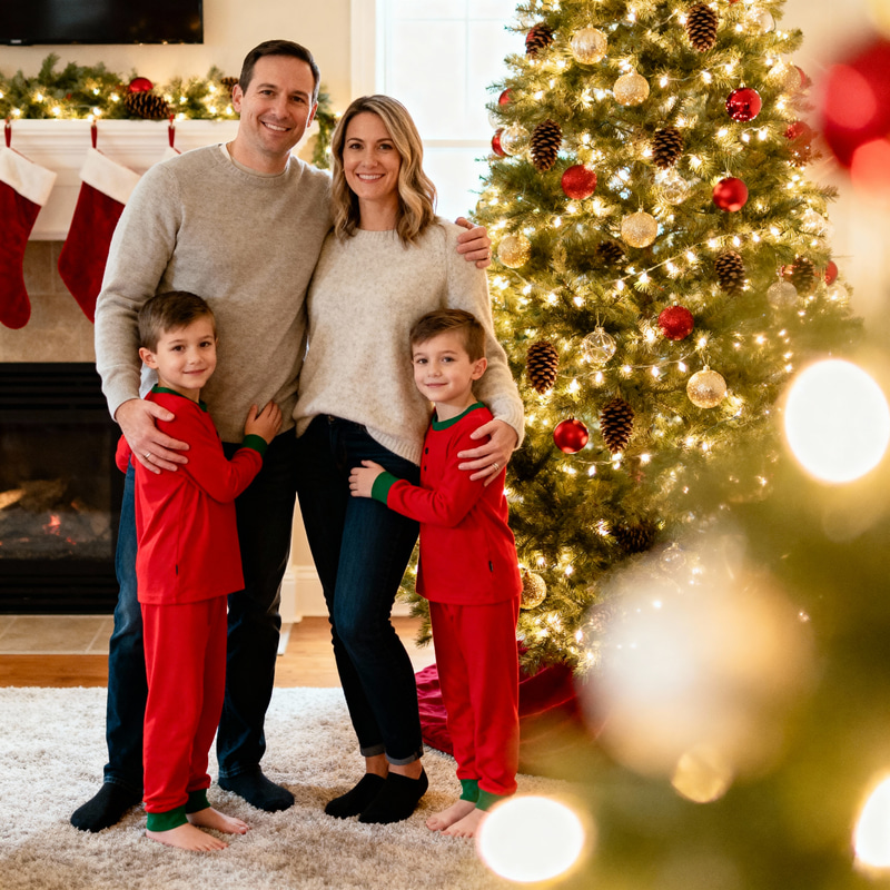 Cozy Family Christmas Photo by the Tree Cozy Family Christmas Photo by the Tree