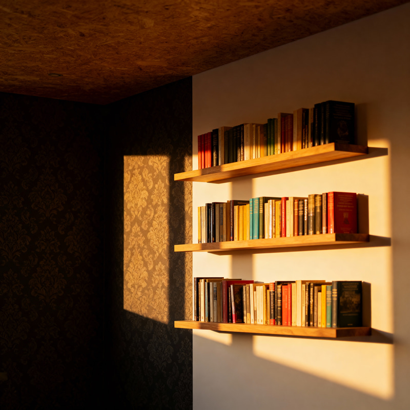 Cozy Low Ceiling Room with Book Shelves Cozy Low Ceiling Room with Book Shelves