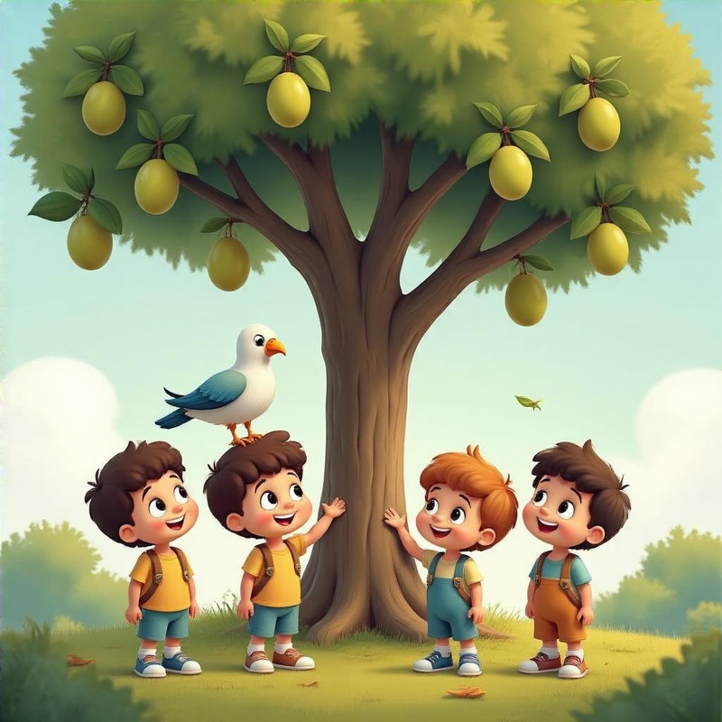 Cartoon Kids Under Olive Tree with Dove Cartoon Kids Under Olive Tree with Dove