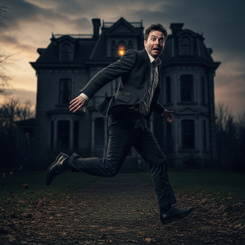 Frightened Man in Suit Escapes a House Frightened Man in Suit Escapes a House