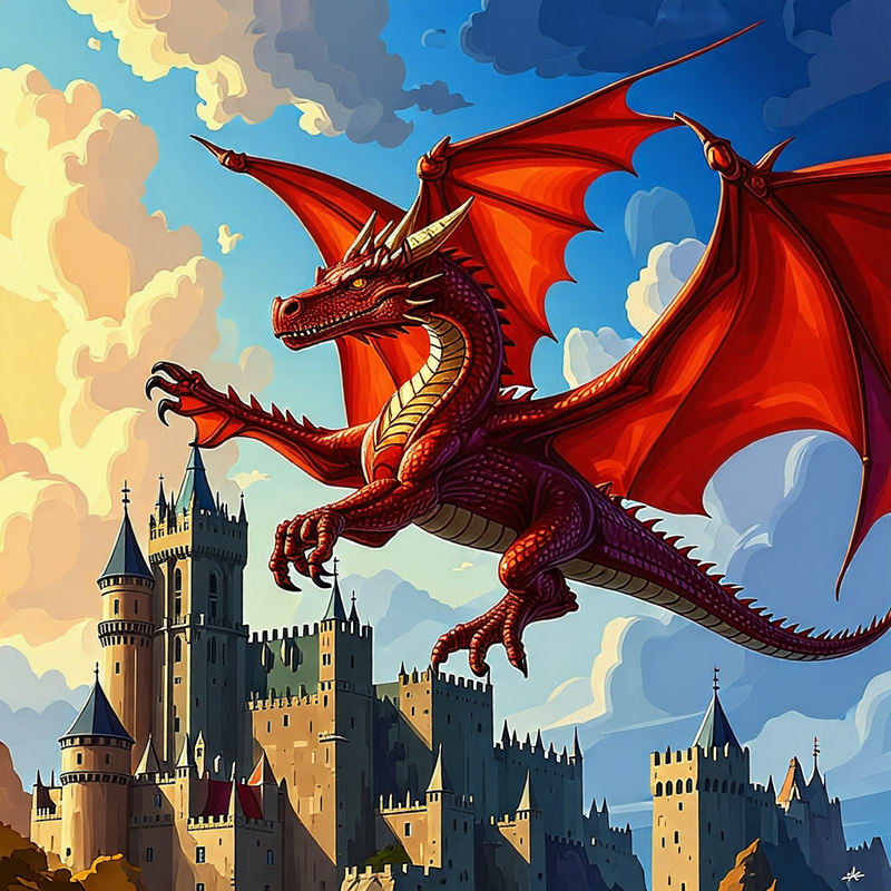 Majestic Dragon Soaring Over Medieval Castle - Fantasy Art Majestic Dragon Soaring Over Medieval Castle - Fantasy Art