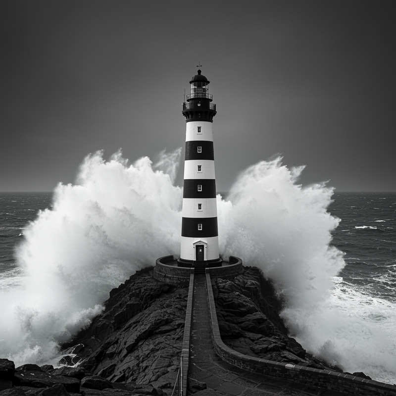 Black and White Striped Lighthouse by the Waves Black and White Striped Lighthouse by the Waves