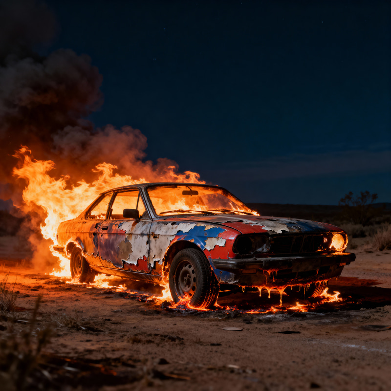 Car Fire: Flames and Smoke at Night Car Fire: Flames and Smoke at Night