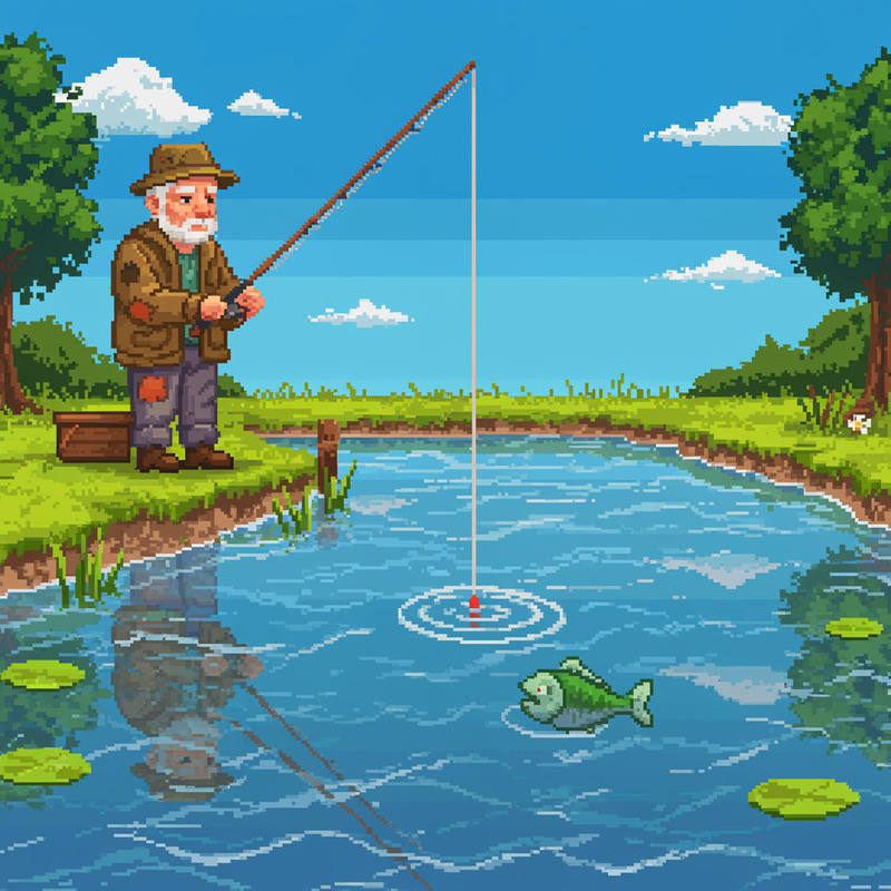 Old Fisherman Casting Rod - Pixel Art Style Old Fisherman Casting Rod - Pixel Art Style