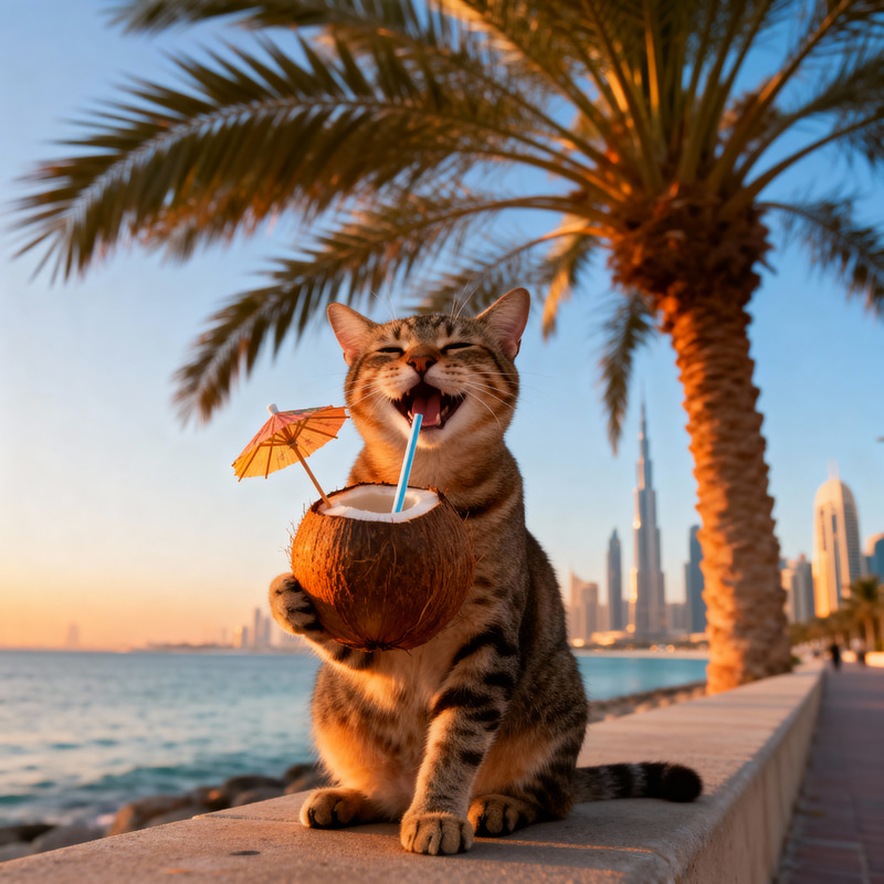 Cat Enjoying a Cocktail by Dubai's Beach Cat Enjoying a Cocktail by Dubai's Beach