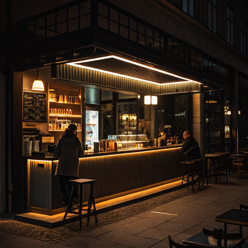 Charming Dark Cafe with Illuminated Bar Charming Dark Cafe with Illuminated Bar