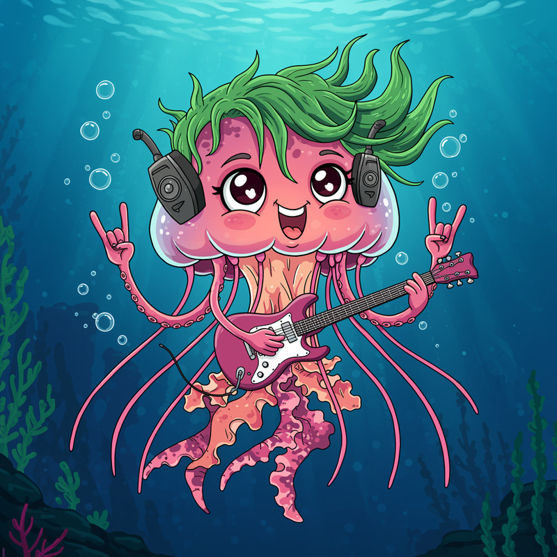 Rockstar Jellyfish Cartoon with Algae Hair Rockstar Jellyfish Cartoon with Algae Hair