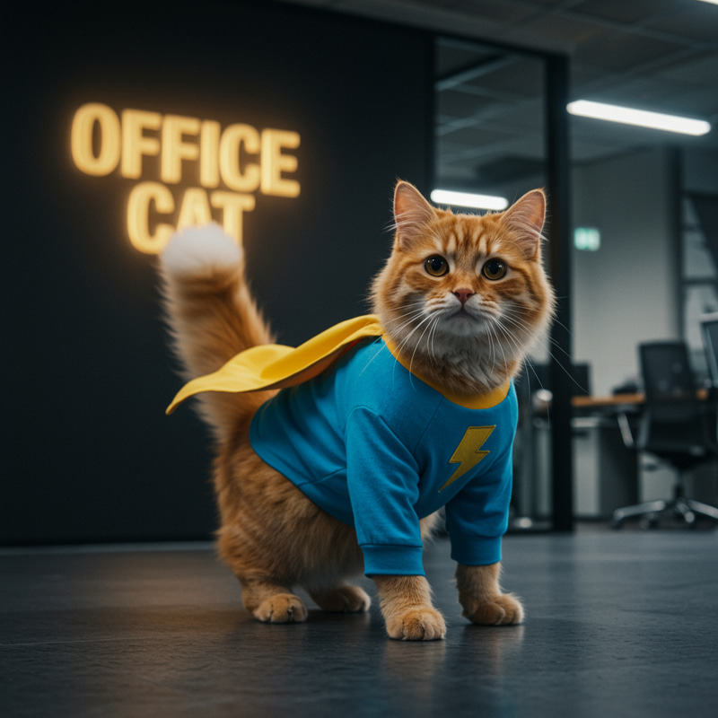 Heroic Office Cat in Superhero Outfit Heroic Office Cat in Superhero Outfit