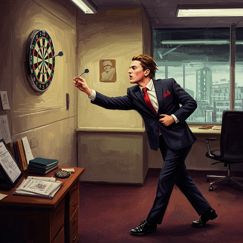 Surreal Office Scene: Model Throwing Darts Art Surreal Office Scene: Model Throwing Darts Art