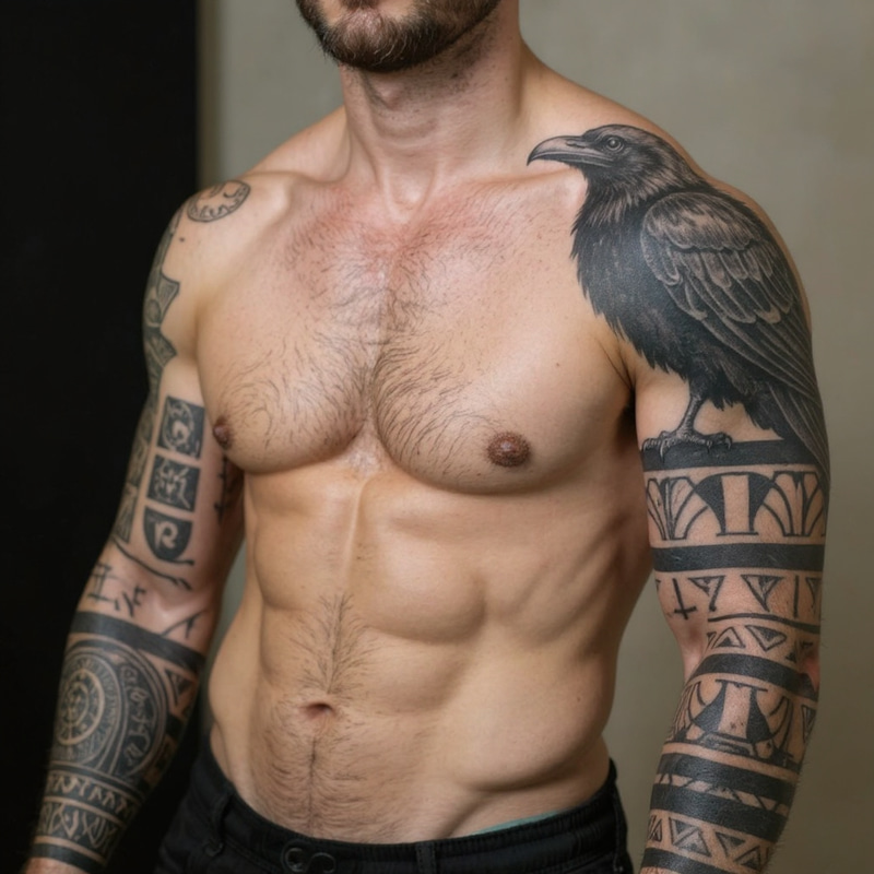 Viking Themed Full Arm Tattoo with Raven Design