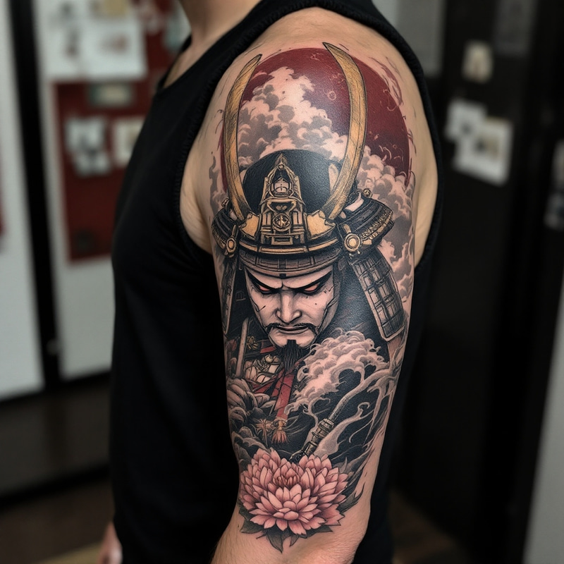 Japanese Resting Samurai & Temple Sleeve Tattoo Design Japanese Resting Samurai & Temple Sleeve Tattoo Design