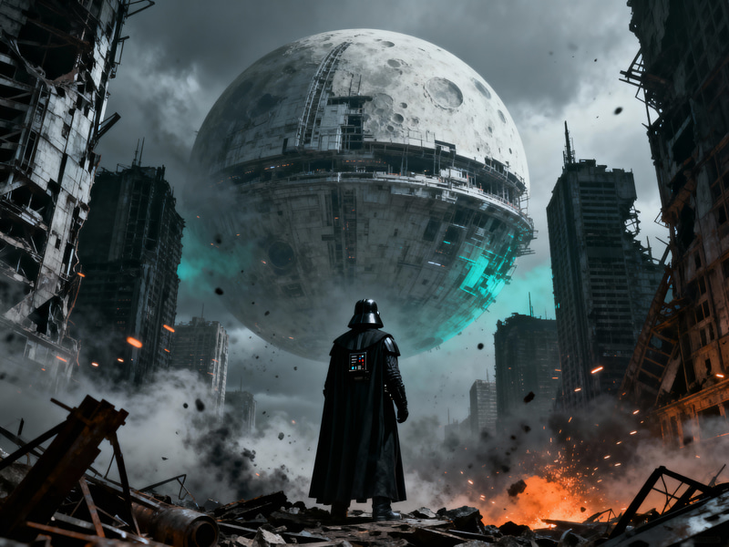 Epic Sci-Fi Poster: Darth Vader in Dark Cityscape