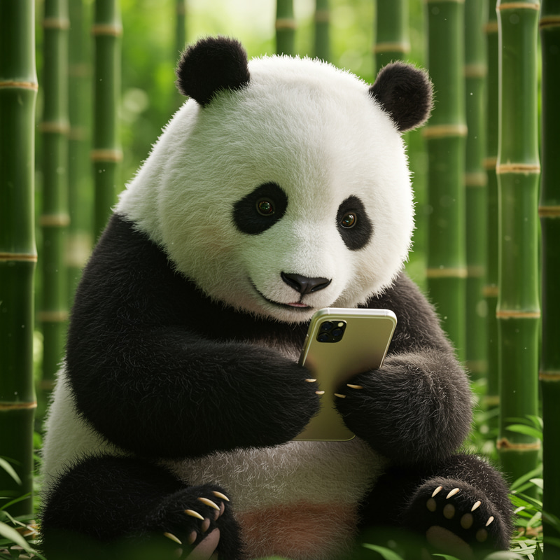 Panda with Cellphone and Bamboo Background Panda with Cellphone and Bamboo Background