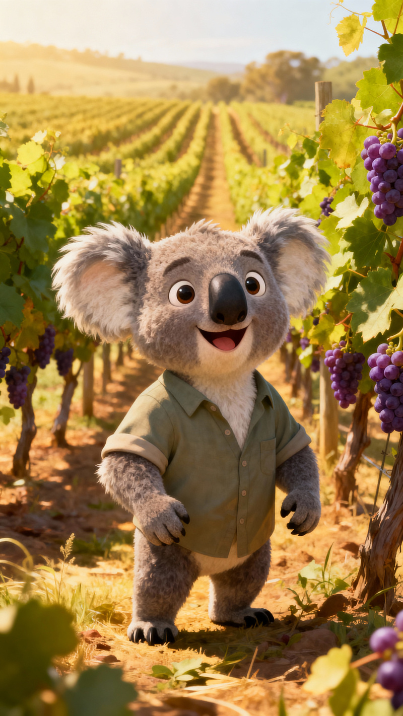 Cheerful Animated Koala in Vineyard Cheerful Animated Koala in Vineyard