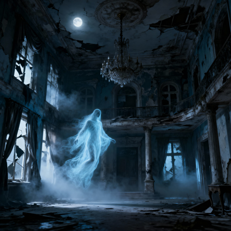 Eerie Ghostly Figure in Abandoned Mansion Eerie Ghostly Figure in Abandoned Mansion