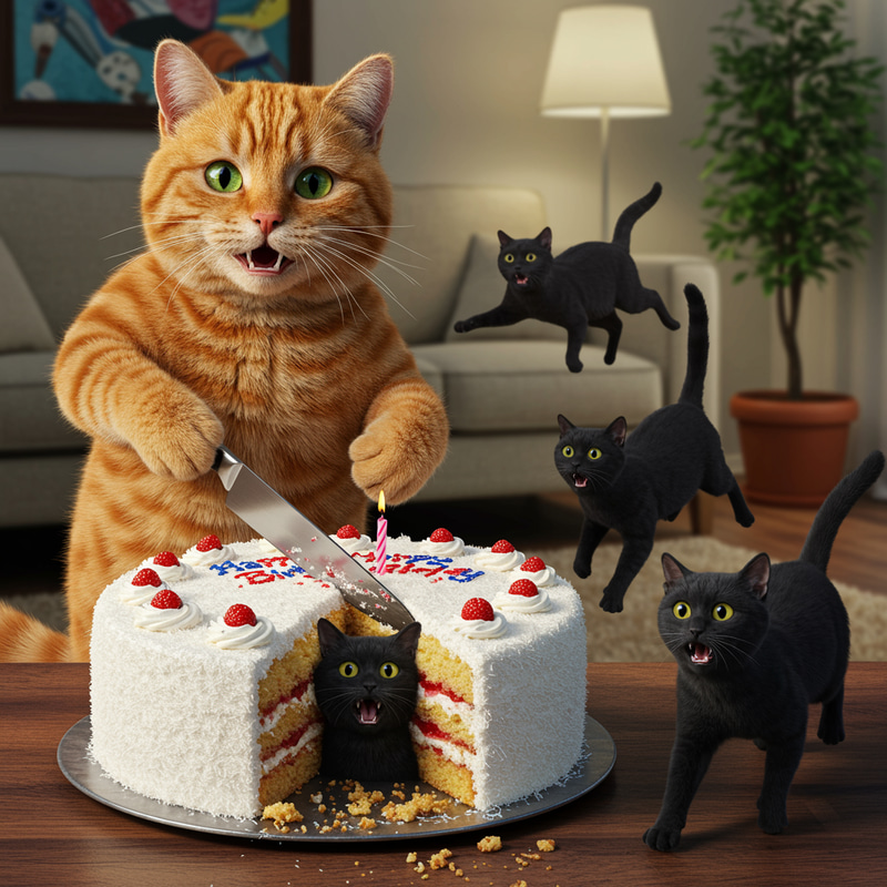 Orange Cat Cuts Cake with Scared Black Cat Inside