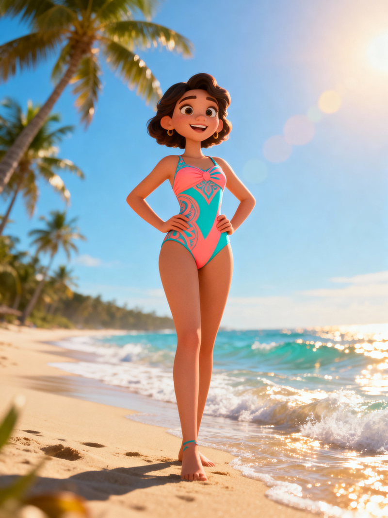 Sun-Soaked Beach Scene with Candy's Stylish Swimsuit Sun-Soaked Beach Scene with Candy's Stylish Swimsuit