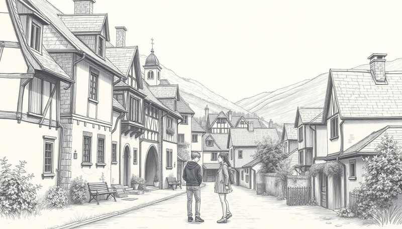 Charming Village Scene in Pencil Drawing Style Charming Village Scene in Pencil Drawing Style