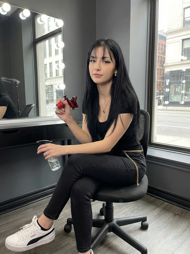 Stylish Tattoo Artist with Long Black Hair Stylish Tattoo Artist with Long Black Hair