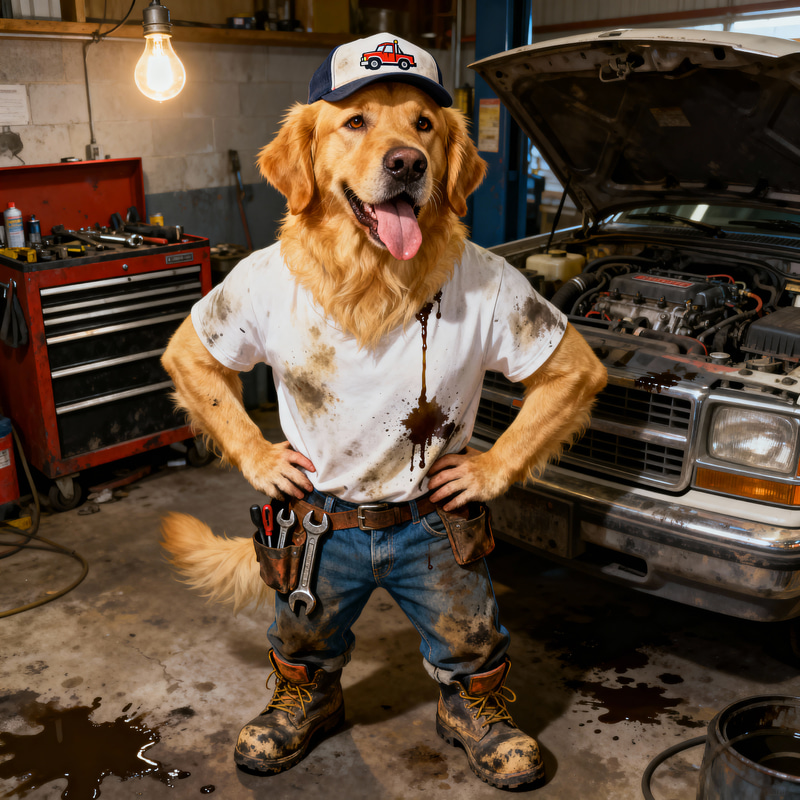 Playful Golden Retriever Mechanic Portrait Playful Golden Retriever Mechanic Portrait