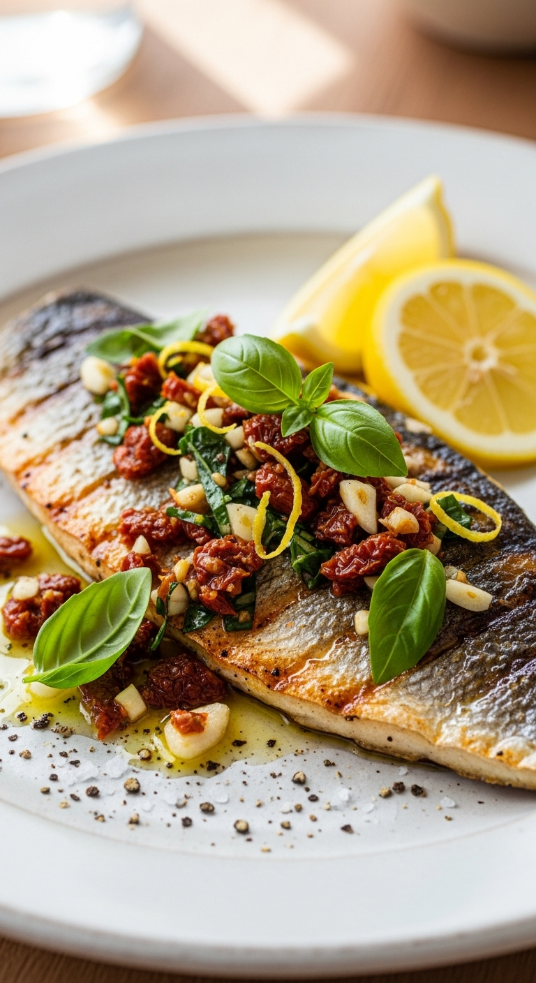 Grilled Sea Bass with Sun-Dried Tomatoes Recipe Grilled Sea Bass with Sun-Dried Tomatoes Recipe