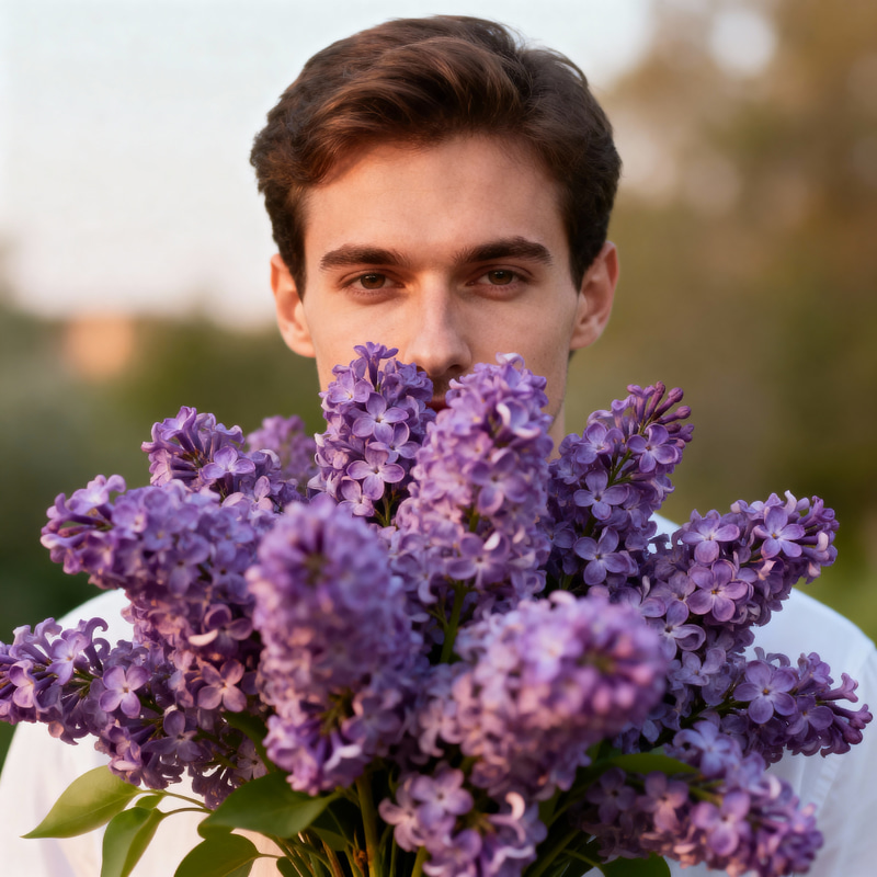 Handsome Man with Giant Purple Flower Bouquet